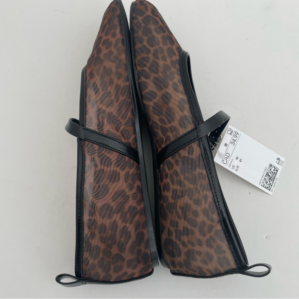 H&M Mesh Mary Jane Ballet Flats NWT Black Brown Leopard Print Size 8 - Picture 6 of 12